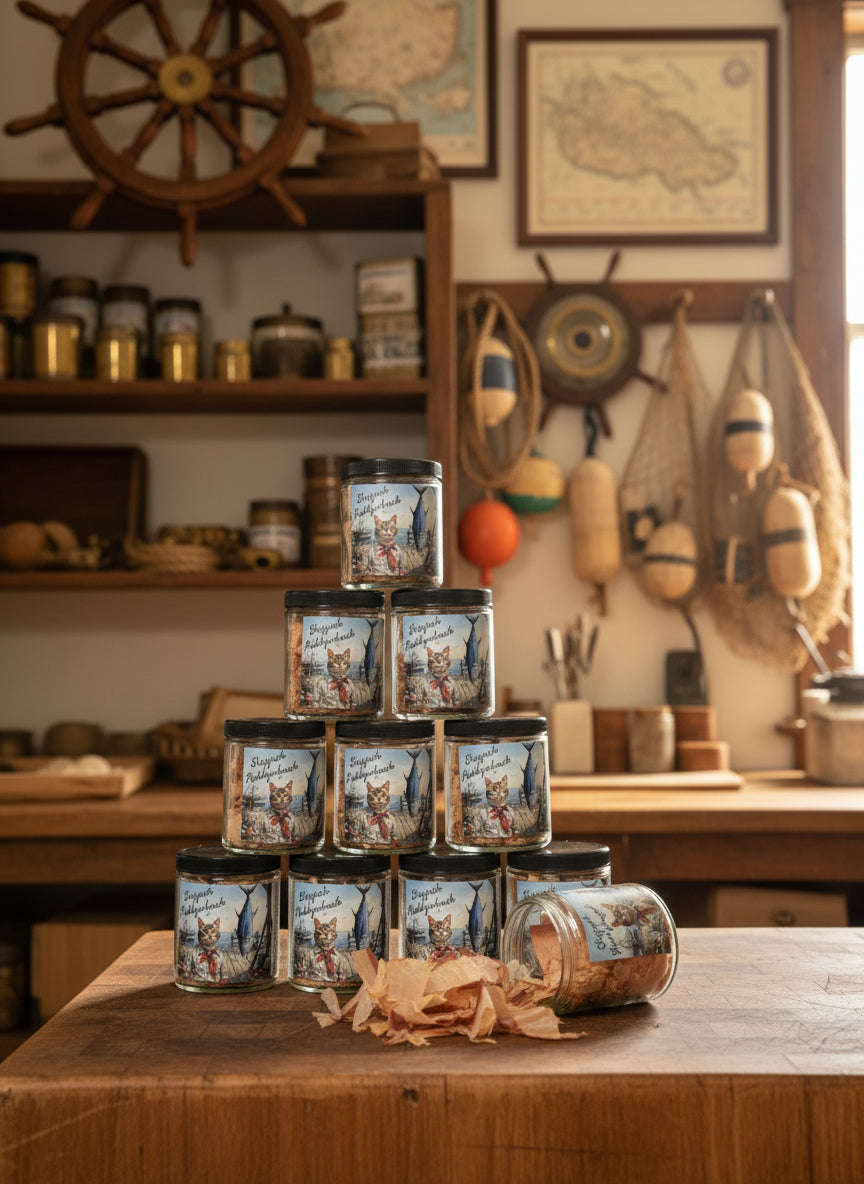 Stack of dried tuna cat treats in jars.